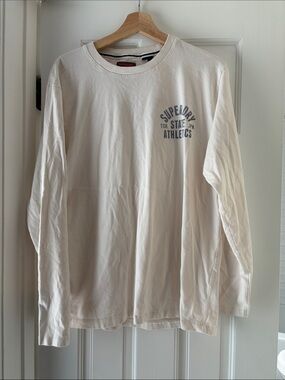 Superdry Men's Long Sleeve Cream Athletic Tee with Grey Logo